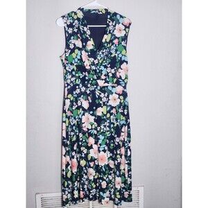 Tommy Hilfiger Womens 8 Navy Floral Wrap Midi Dress Sleeveless V Neck